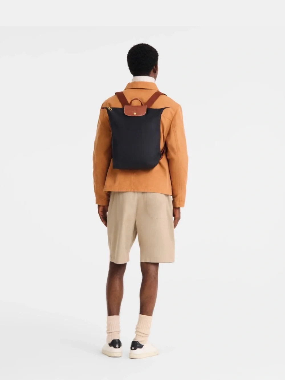 Longchamp Le Pliage Black Backpack with Brown Trim